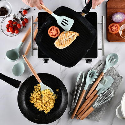 9 silicone utensils set with wooden handle
