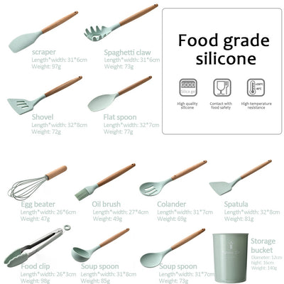 12 item silicone utensils set with wooden handle